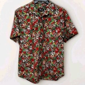 Revival Mens XL Rose Skulls Button Up Short Sleeve Shirt Halloween Runs Small